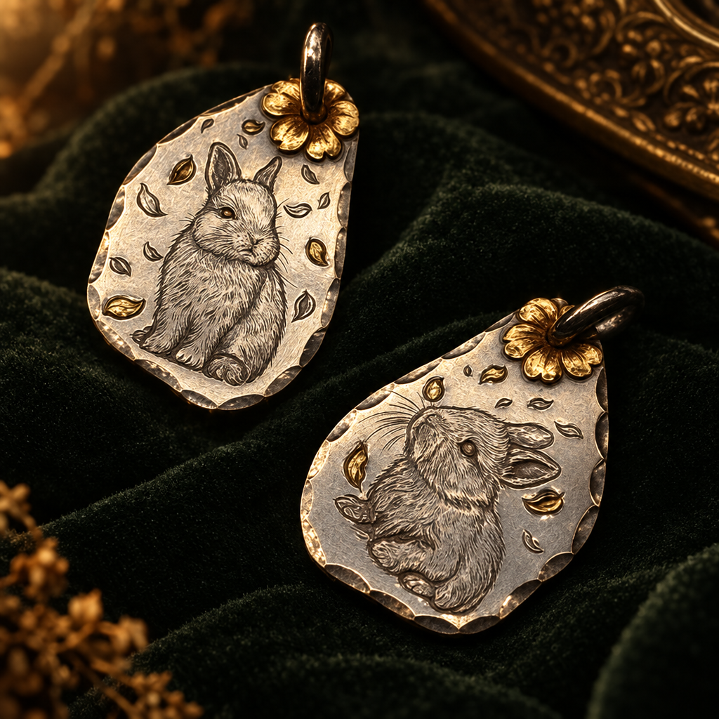 Hand-engraved rabbit portrait sterling silver pendant