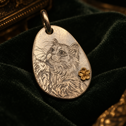 Hand-engraved cat portrait sterling silver pendant